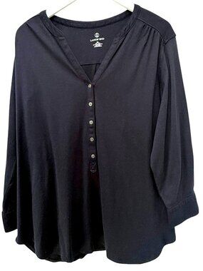 LANDS END Henley Tee Womens Plus Size 2X Black Supima Cotton Blend Casual Top